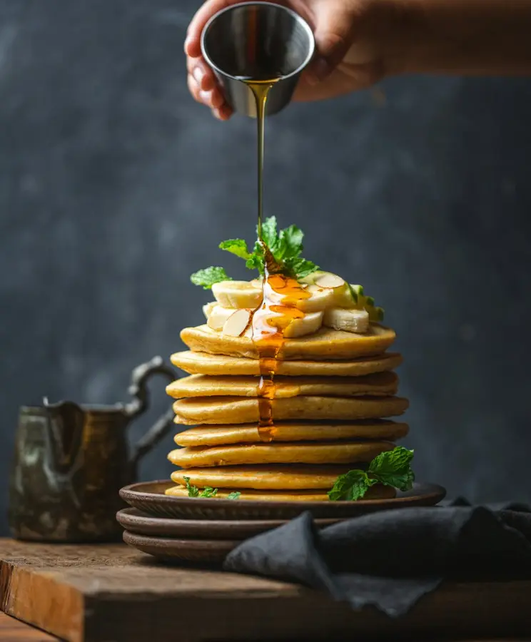 A tall stack of pancakes drizzled with syrup